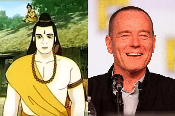 Animated sketch of Lord Ram from the movie - left, Bryan Cranston - right