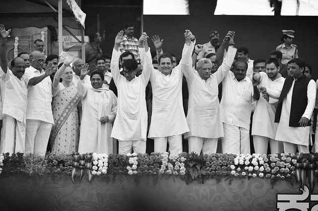 NCP Chief Sharad Pawar, UPA Chairperson Sonia Gandhi, BSP Chief Mayawati, Ajit Singh, Congress President Rahul Gandhi, CPI leader Sitaram Yechury, RJD leader Tejashwi Yadav and Samajwadi Party leader Akhilesh Yadav with the new Chief Minister of Karnataka HD Kumarswamy during his swearing-in ceremony at the Grand Steps of Vidhana Soudha on May 23, 2018 in Bengaluru, India. (Arijit Sen/Hindustan Times via Getty Images)