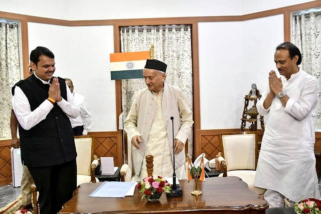 Maharashtra CM Devendra Fadnavis and Deputy CM Ajit Pawar with Governor B S Koshyari (Twitter/@byadavbjp)