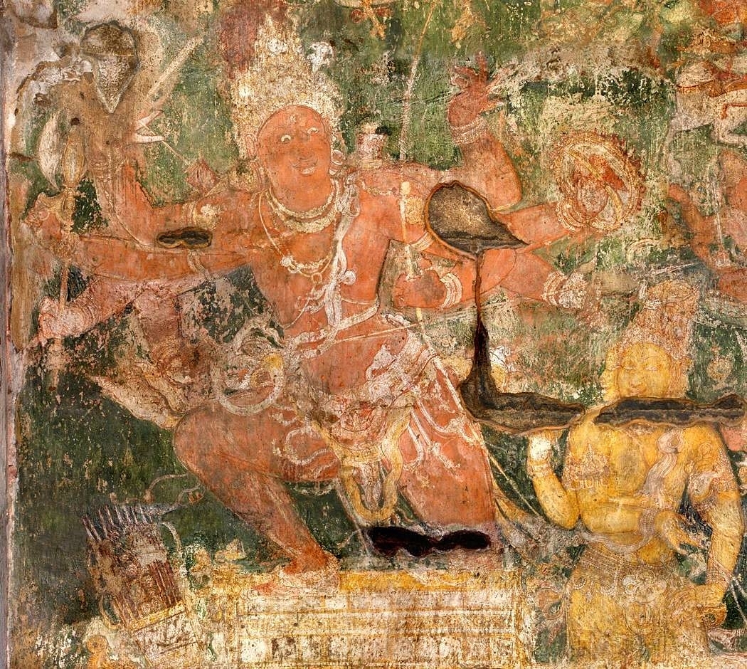 Shiva as the laughing Tripurantaka in a Chola painting in Thanjavur Brahadeeswara Temple.