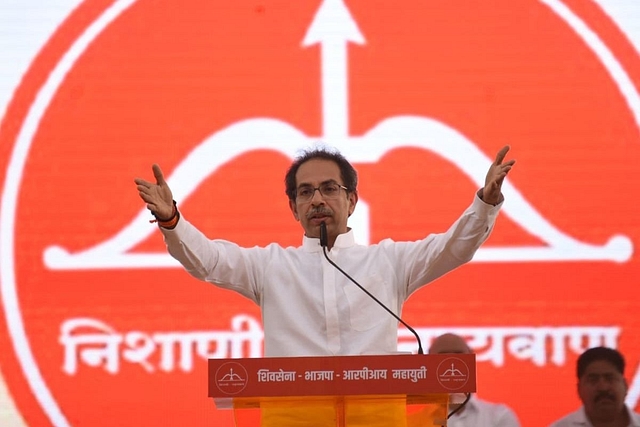 Shiv Sena chief Uddhav Thackeray speaking at a rally.