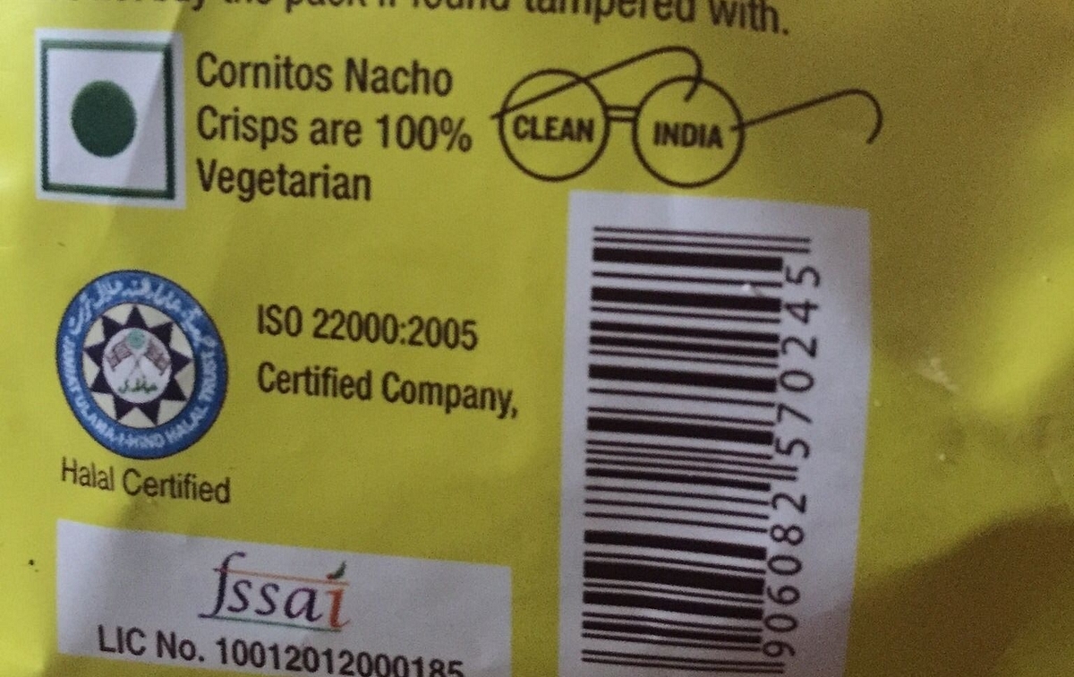 Halal logo of the Jamiat-ulema-e-hind on a packet of Cornitos Nachos.