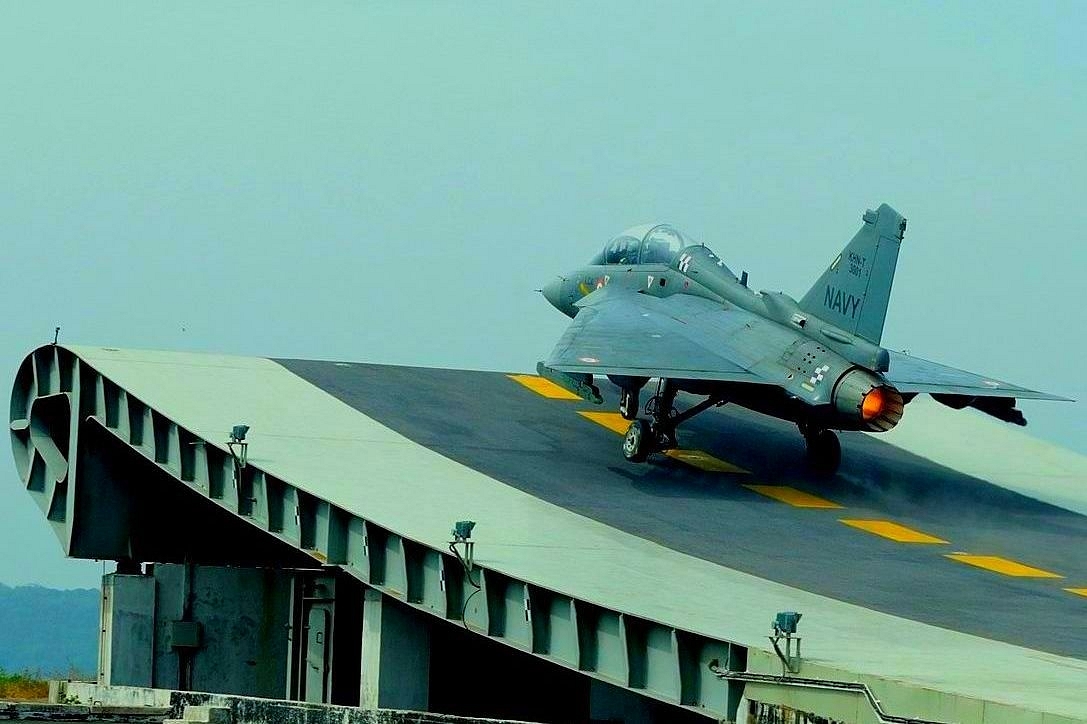 Naval Variant Of LCA Tejas Lands On Indian Navy’s Aircraft Carrier INS Vikramaditya For The First Time
