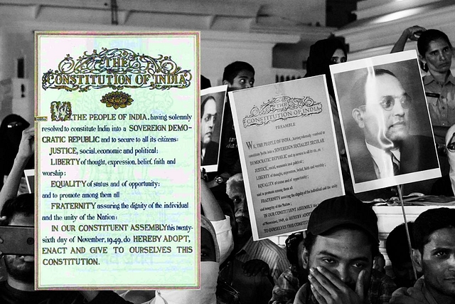 Congress president Sonia Gandhi reading the Preamble of the Constitution at a rally.