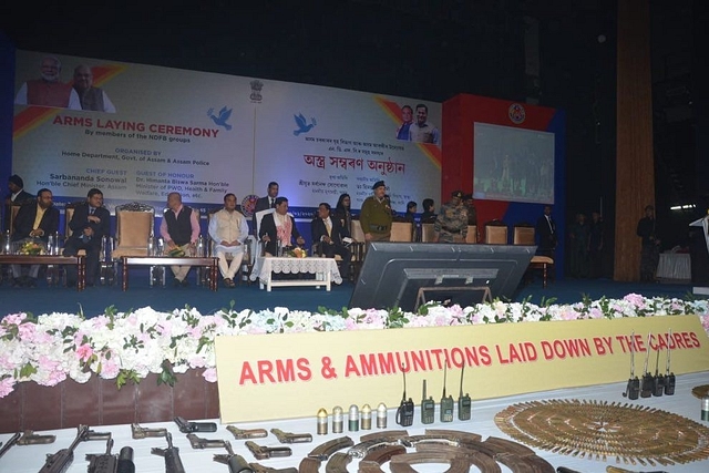 Militants laid down arms in presence of Assam CM Sarbananda Sonowal and Finance Minister Himanta Biswa Sarma (Pic Via Twitter)