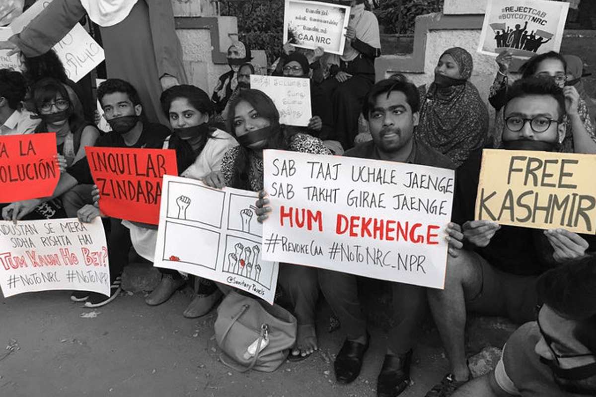 ‘Hum Dekhenge’ and ‘Free Kashmir’ posters at an anti-CAA protest.&nbsp;