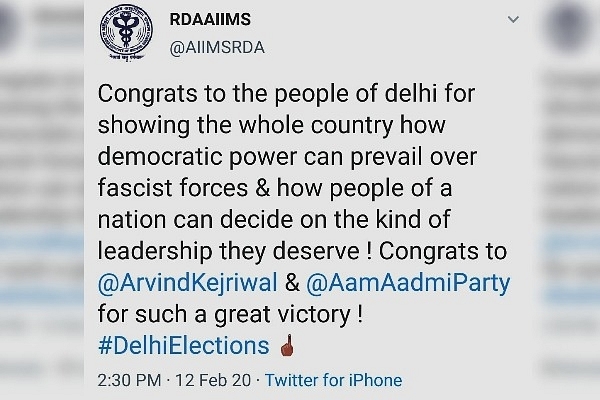 The tweet put out by the Doctors’ Body of AIIMS Delhi after AAP’s victory in the Delhi Elections.&nbsp;