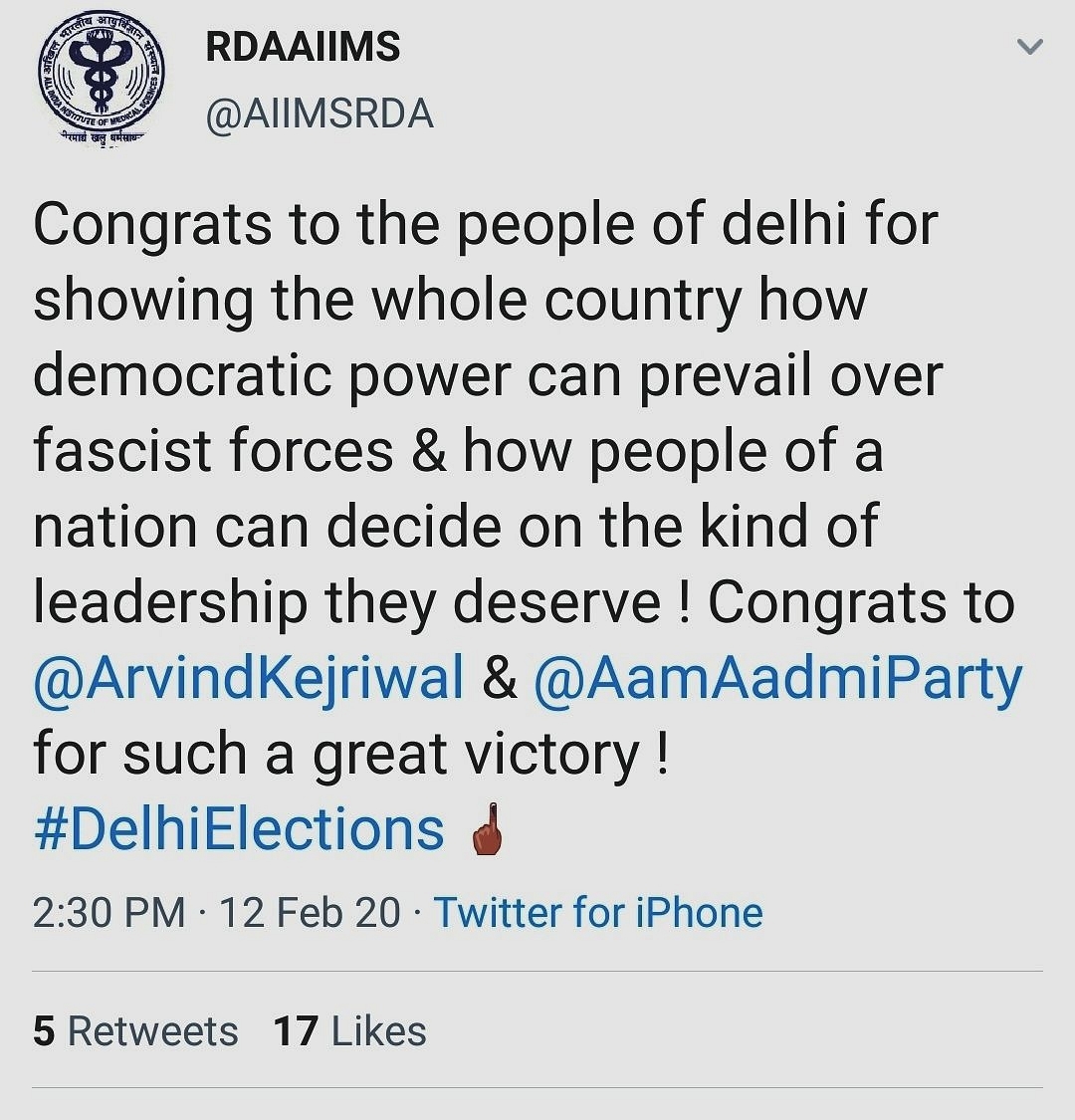 Doctors’ Body Of AIIMS Delhi In Soup For ‘Political’ Post From Its Twitter Handle After Delhi Poll Results