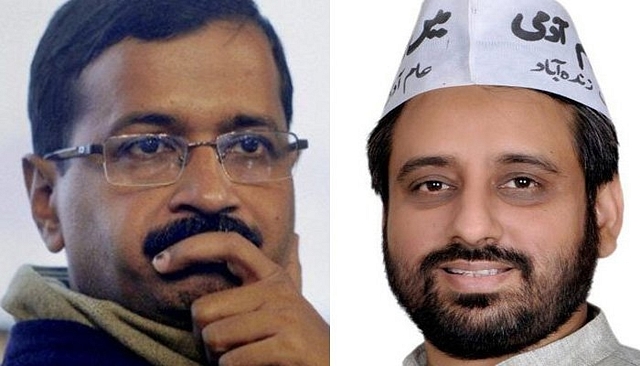 Arvind Kejriwal (L) and Tahir Hussein (R) (Source: @sathees2007 /Twitter)