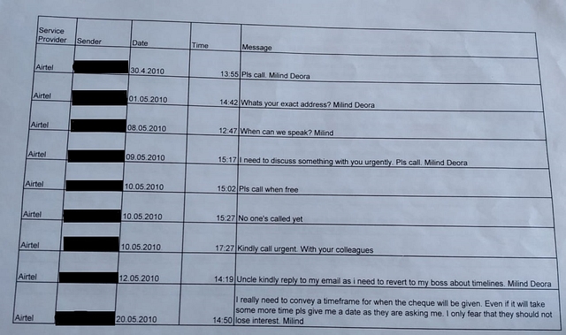 Transcripts of Milind Deora’s text messages to Rana Kapoor