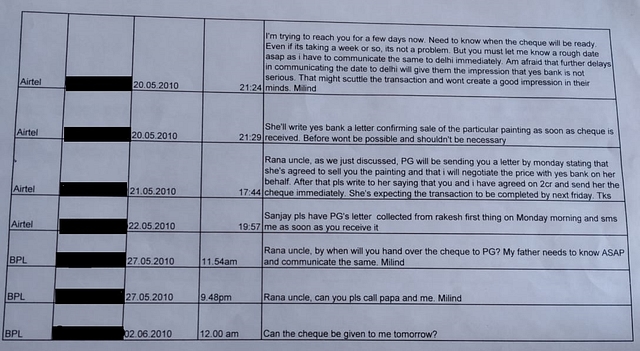 Transcripts of Milind Deora’s text messages to Rana Kapoor