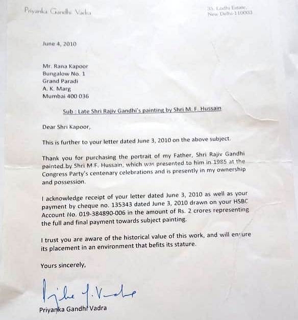 Priyanka Vadra’s acknowledgement letter