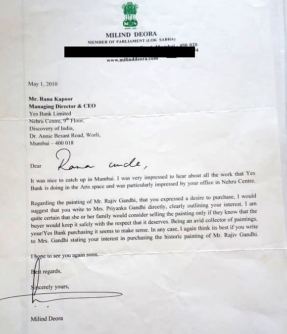 Milind Deora writing to Rana Kapoor over Husain’s painting 
