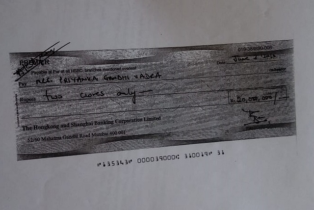 Cheque made out in the name of Priyanka Vadra 