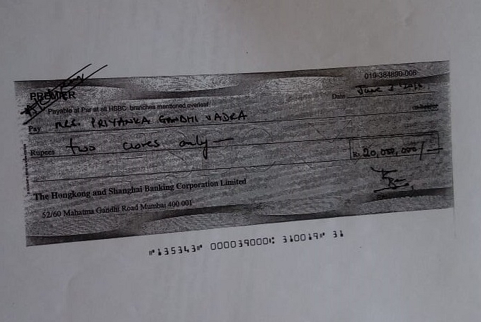 Cheque made out in the name of Priyanka Vadra&nbsp;