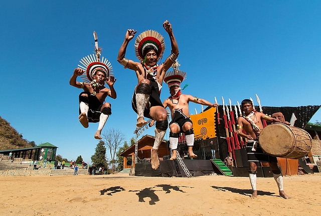 Zeliang Naga Tribesmen of Nagaland rehearsing their traditional dance during Hornbill Festival on 10th Dec 2014.