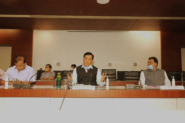 From left: Himanta Biswa Sarma, Sarbananda Sonowal, and Chandra Mohan Patowary (Facebook) 