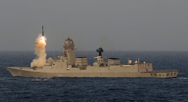 The BrahMos missile being test fired from INS Chennai. 