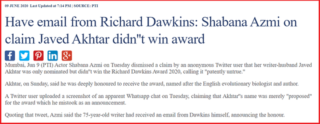 Did Swarajya ‘Cast Doubt’ On Javed Akhtar Winning Richard Dawkins Award? No. Here’s How Newslaundry Misled Its Readers