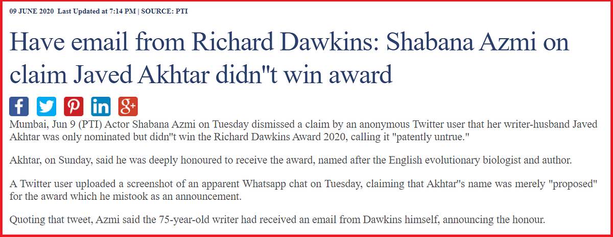 Did Swarajya ‘Cast Doubt’ On Javed Akhtar Winning Richard Dawkins Award? No. Here’s How Newslaundry Misled Its Readers
