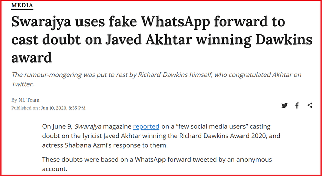Did Swarajya ‘Cast Doubt’ On Javed Akhtar Winning Richard Dawkins Award? No. Here’s How Newslaundry Misled Its Readers