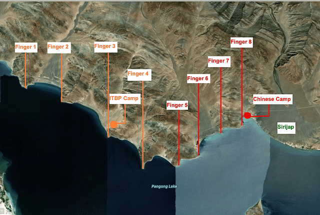 Position of ‘fingers’ may not be very accurate; have been marked using the <a href="https://twitter.com/nitingokhale/status/1267989833819054081/photo/1">map put out by @stratnewsglobal</a> in its interview of Col S Dinny (Retd), a former commander of the forces in the Pangong Tso area. Lt Gen HS Panag (Retd) also <a href="https://twitter.com/rwac48/status/1267417097807654912">posted</a> a similar map on Twitter. For the record, <a href="https://theprint.in/opinion/no-chinese-occupation-geolocated-images-show-fast-in-and-out-intrusions/433209/">other maps</a> show the location of some fingers west of the Sirijap Complex, which has not been marked in the map.