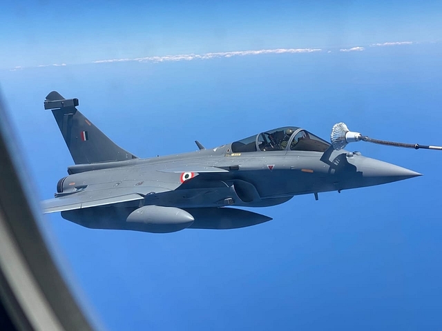 An IAF Rafale during in flight refueling on its way to India.&nbsp; (IAF/Twitter)