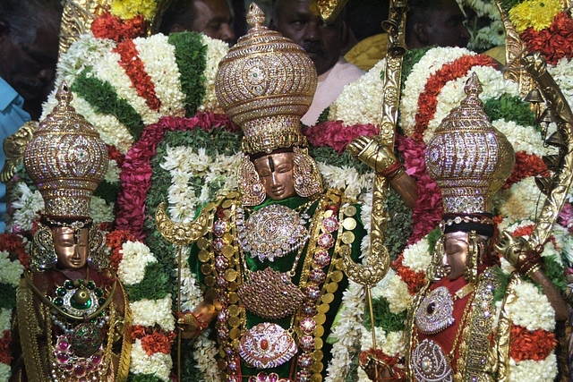 The Tirumala Ram idol flanked by idols of Devi Sita and Lakshman. (Wikimedia Commons)