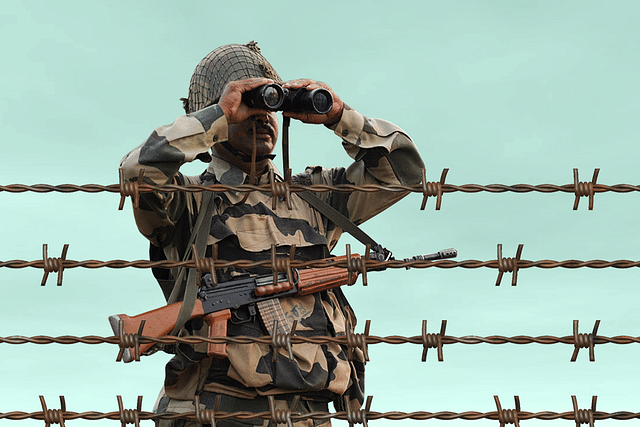 Indian Border Security Force (BSF) soldier. (TAUSEEF MUSTAFA/AFP/Getty Images) (Illustration: Swarajya Magazine)&nbsp;