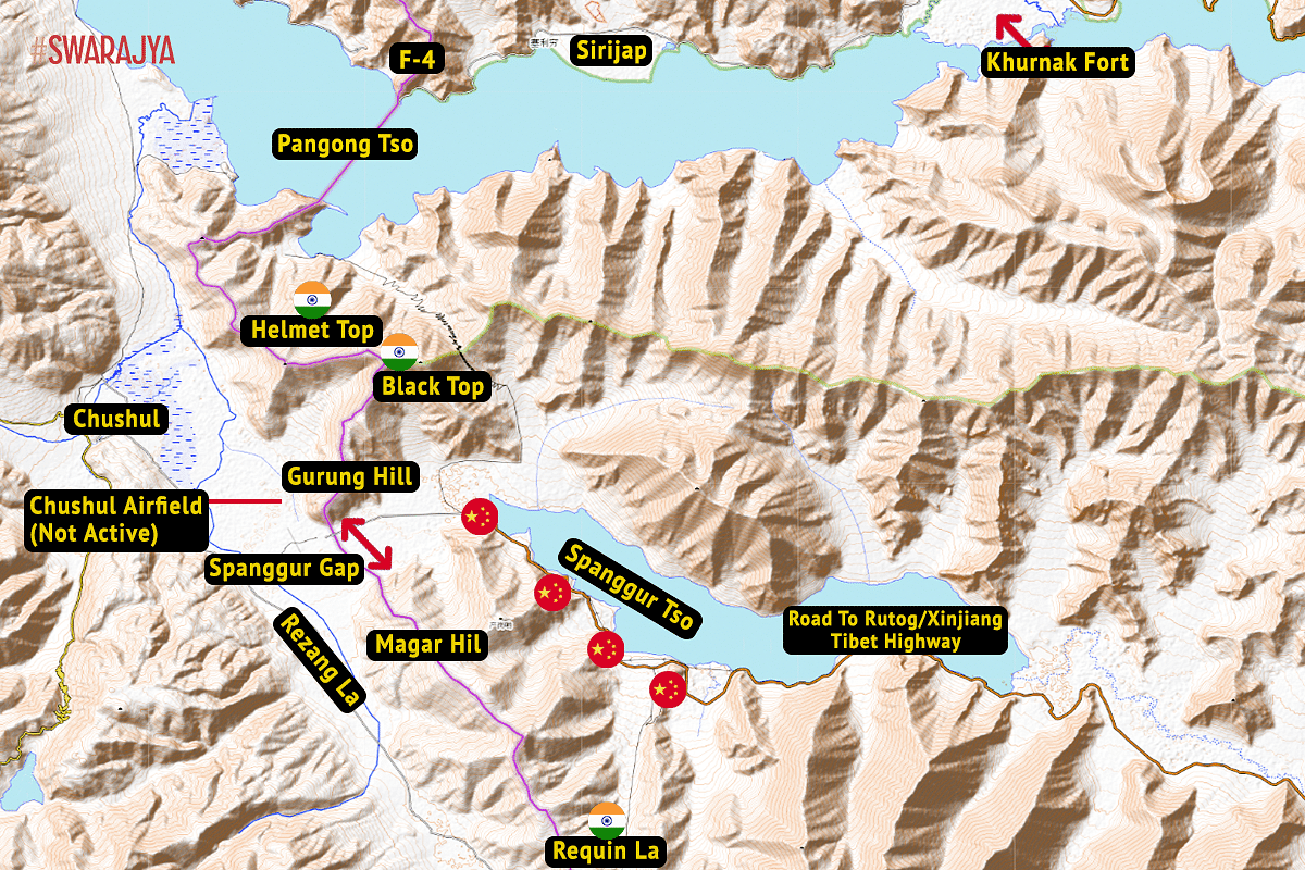 Ladakh’s Chushul Sector. All labels are only for representation and may not be very accurate. (Illustration: Swarajya Magazine/Map: <a href="https://elevationmap.net/">elevationmap.net</a>)