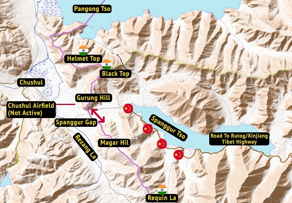 Ladakh’s Chushul Sector. All labels are only for representation and may not be very accurate. (Illustration: Swarajya Magazine/Map: <a href="https://elevationmap.net/">elevationmap.net</a>)