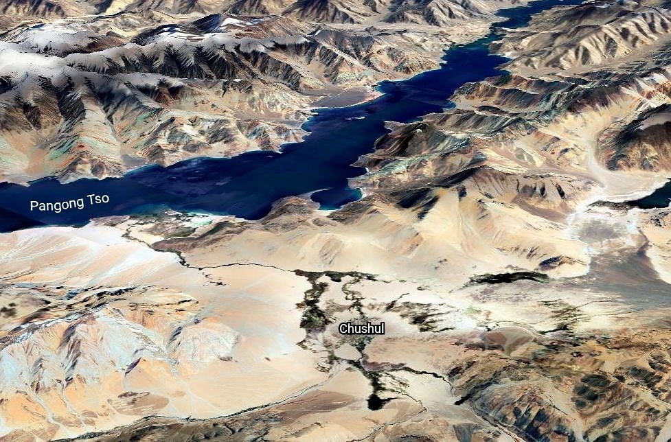 Pangong Lake, Chushul, and Spanggur Lake. (Google Earth)