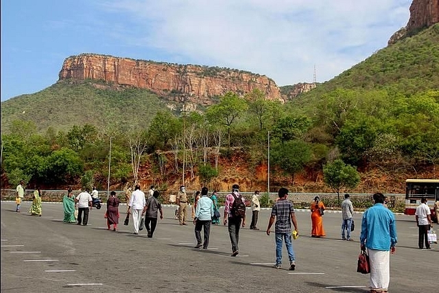 Tirumala devotees adhere to social distancing norms.