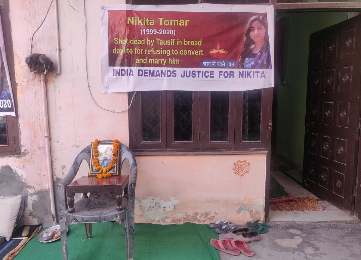 A banner outside Nikita’s house saying Tausif killed her for refusing to convert to Islam and marrying him. Picture clicked in November by Swarajya.