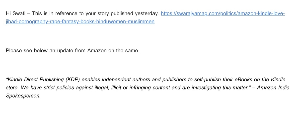 The email from the communications team of Amazon India.