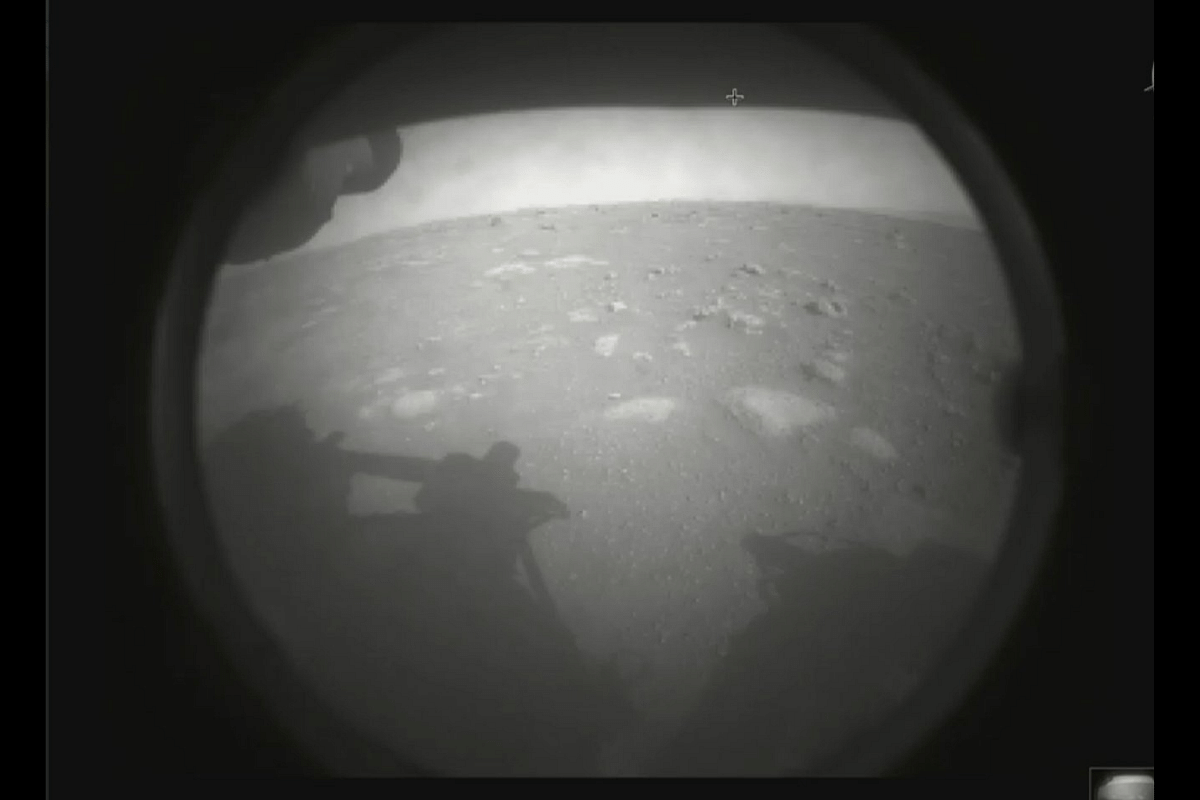 The first image captured and relayed after the Perseverance rover touched down on the surface of Mars. (Photo: NASA/Twitter)