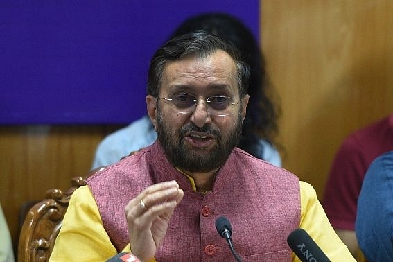 Minister of Information and Broadcasting&nbsp;Prakash Javadekar speaking at a press conference in New Delhi. (Photo by Mohd Zakir/Hindustan Times via Getty Images)