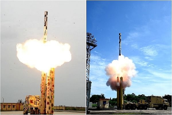 BrahMos supersonic cruise missiles test fired from land-based launchers. 