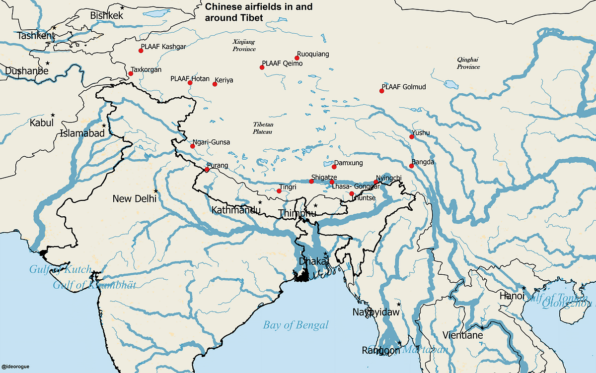 Map 1: Chinese airfields in and around the Tibetan plateau (red dots)
