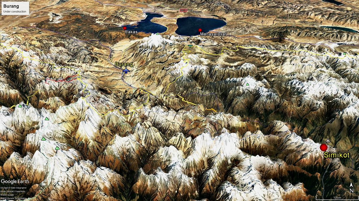 Map 6: Burang location looking north to Mt. Kailas (historical image; airfield not yet visible)