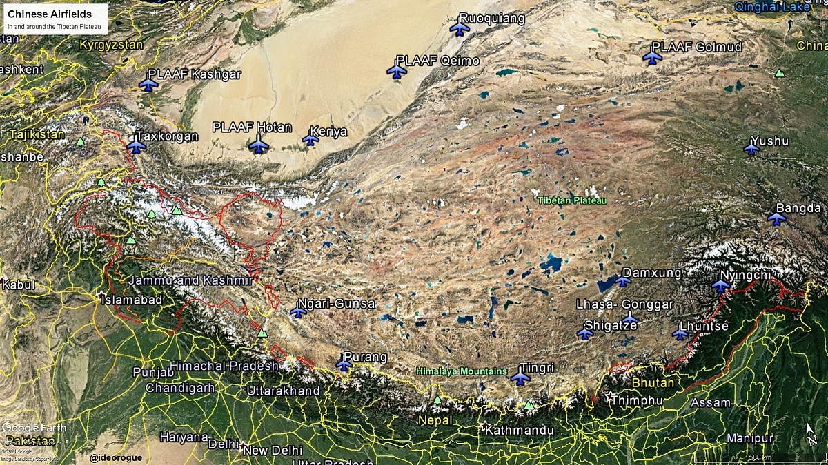 Map 16: Chinese airfields in and around the Tibetan plateau (boundaries by Google Earth)
