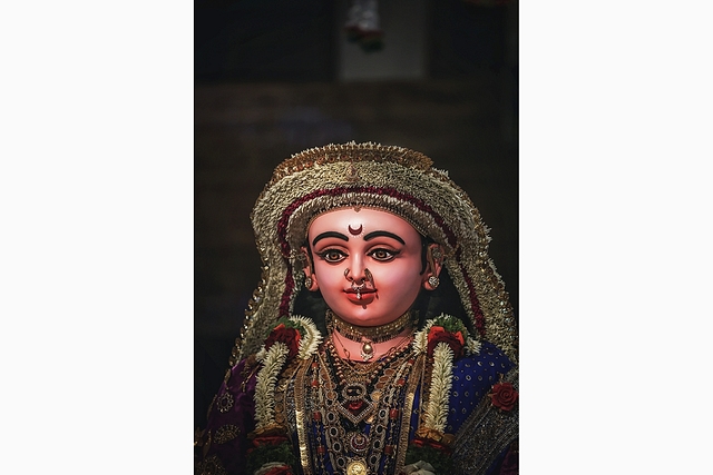 Sharada adorned in all finery and the unique flower arrangement for the final procession.(Photo: Anantesh Bhat)