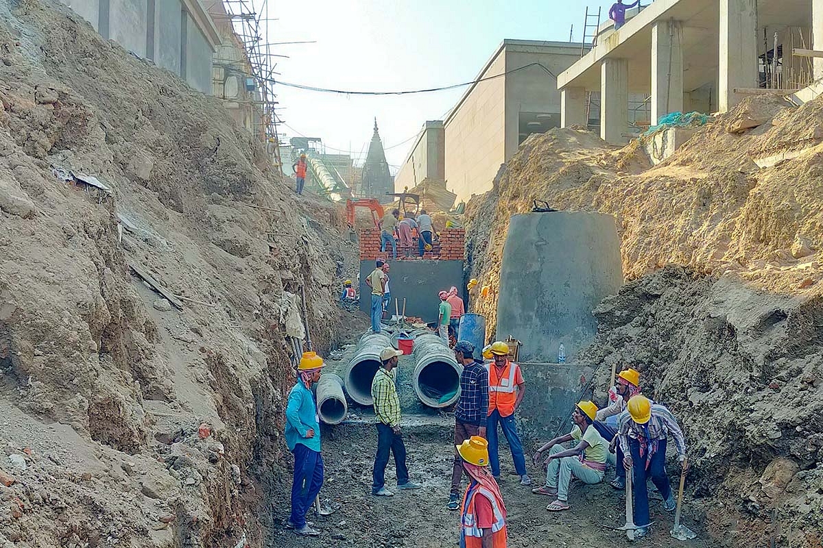 Pipes being laid underground for the abhishek water to flow directly into the ganges
