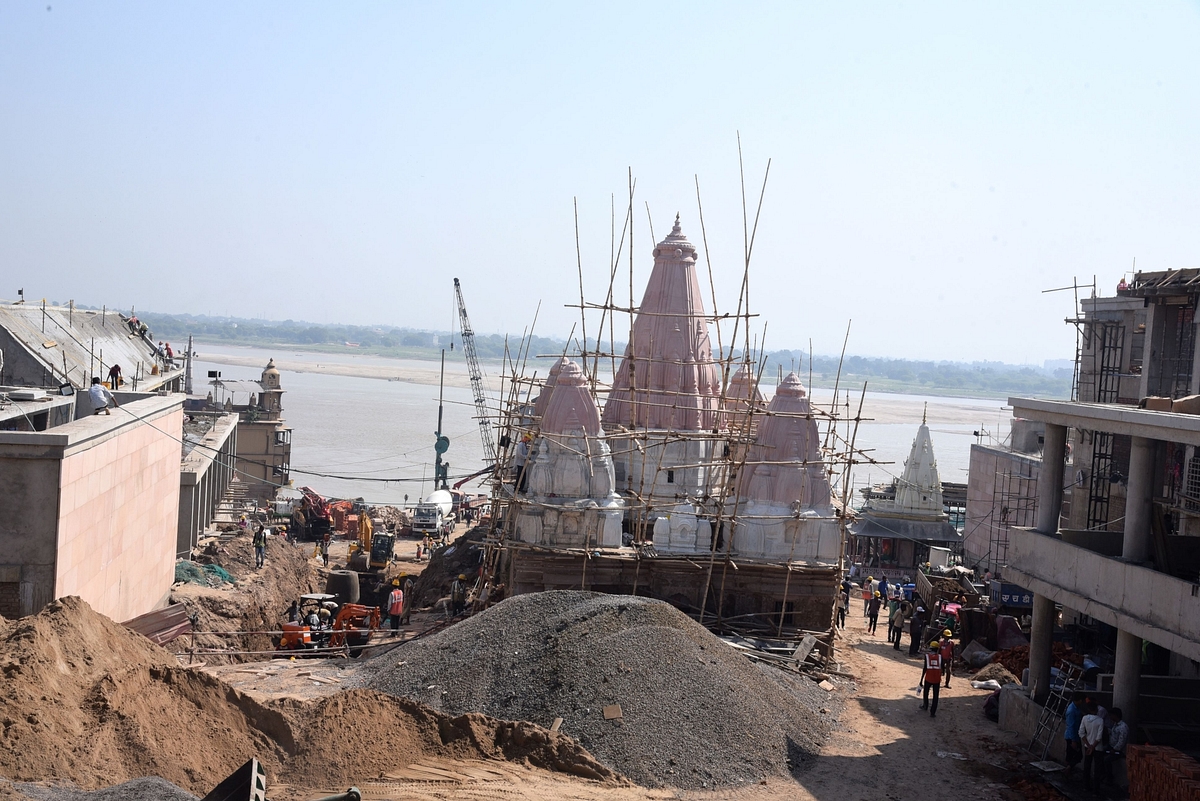 The ongoing cleanup of the temple leading to the ghats