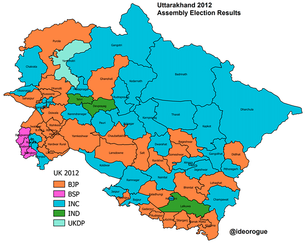 Map 1: Uttarakhand 2012 assembly election results.