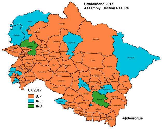 Map 2: Uttarakhand 2017 assembly election results.