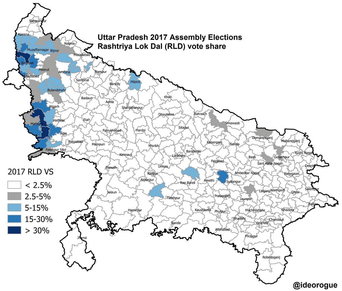 Map 2: RLD vote share in UP assembly elections 2017