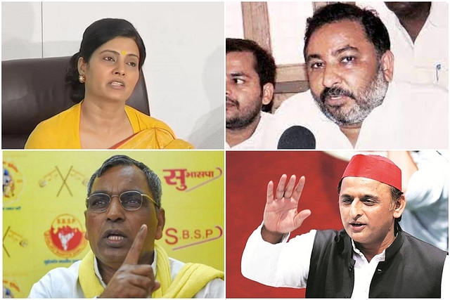 Clockwise from top-left: Anupriya Patel, Dayashankar Singh, Akhilesh Yadav, and Om Prakash Rajbhar.