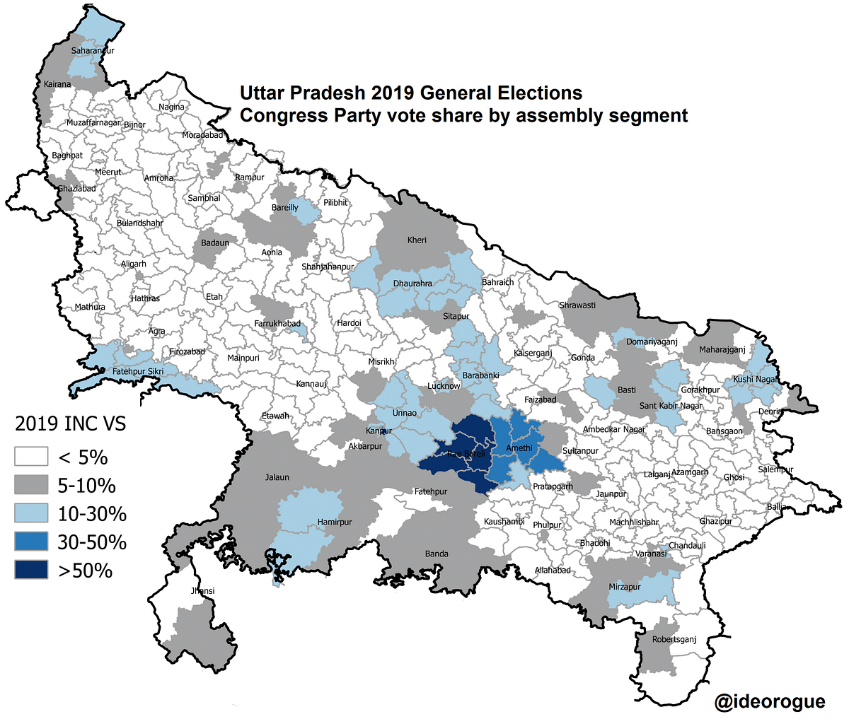 Map 4: Congress vote share in UP general elections 2019 by assembly segment