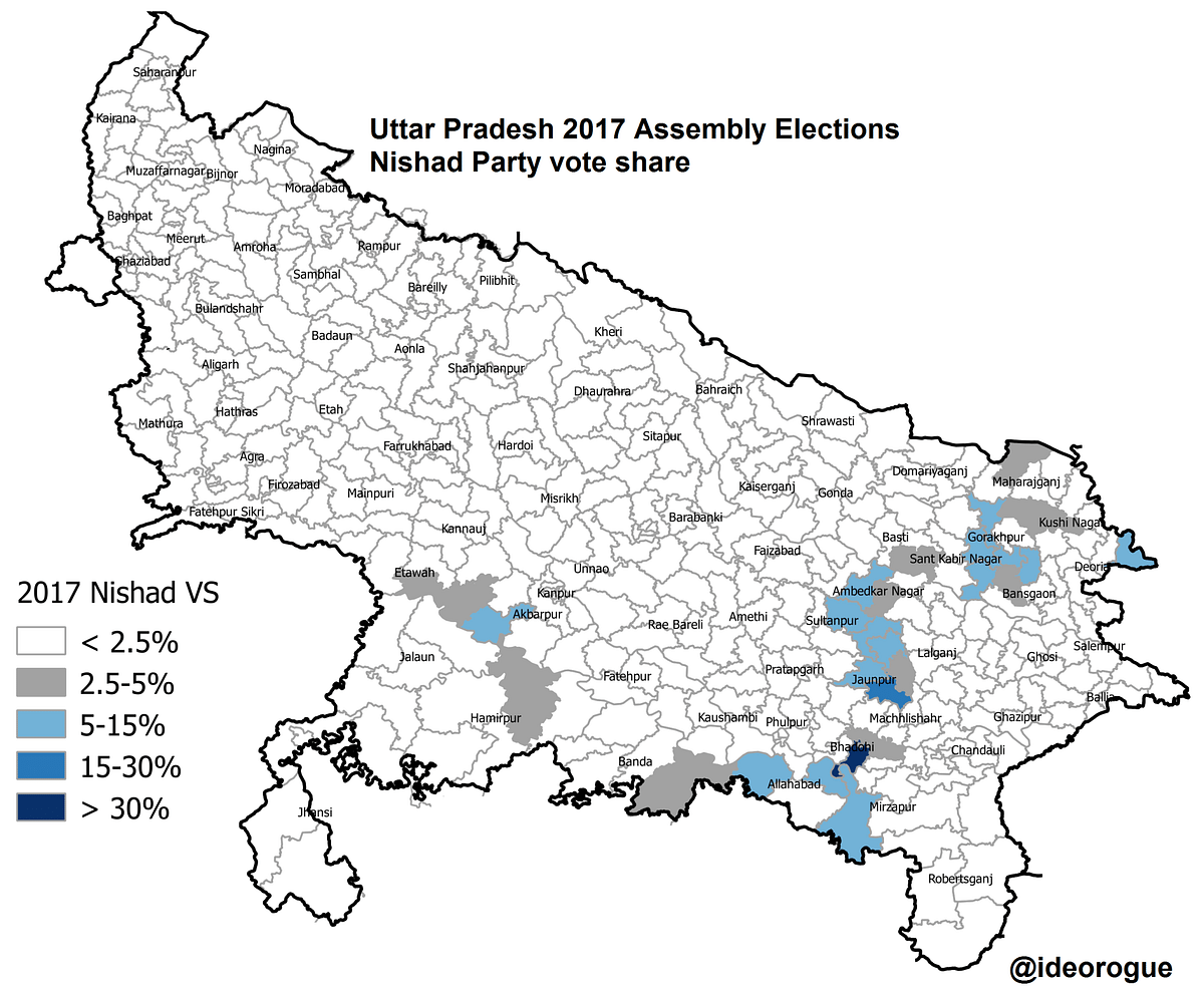 Map 1: Nishad Party vote share in UP assembly elections 2017